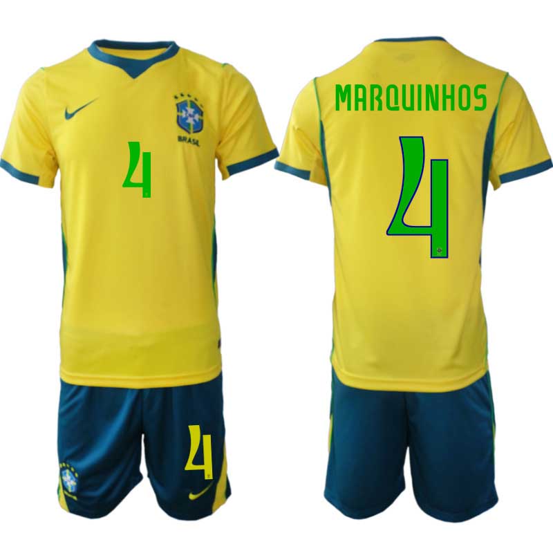 Herren Fußballtrikot Brasilien WM 2026 Marquinhos #4 Heim Pánsky Futbalový Komplet Brazília MS 2026 Marquinhos #4 domáci – Bild 2