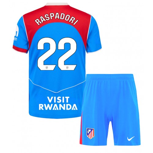 Futbalovy dres detsky Atletico Madrid Giacomo Raspadori #22 2025-26 Tretina Komplety 1 Futbalovy dres detsky Atletico Madrid Giacomo Raspadori #22 2025-26 Tretina Komplety