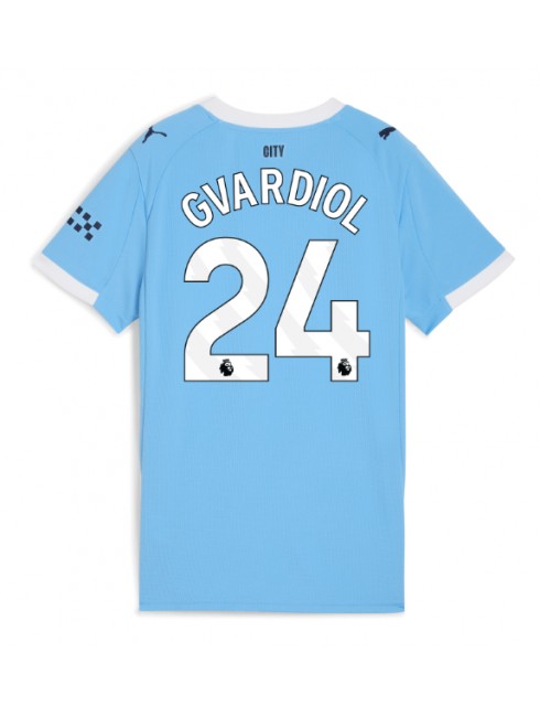 Futbalový dresy Manchester City 2025/26 Domáci Josko Gvardiol #24 – Dámsky Krátky Rukáv 1 Futbalový dresy Manchester City 2025/26 Domáci Josko Gvardiol #24 – Dámsky Krátky Rukáv