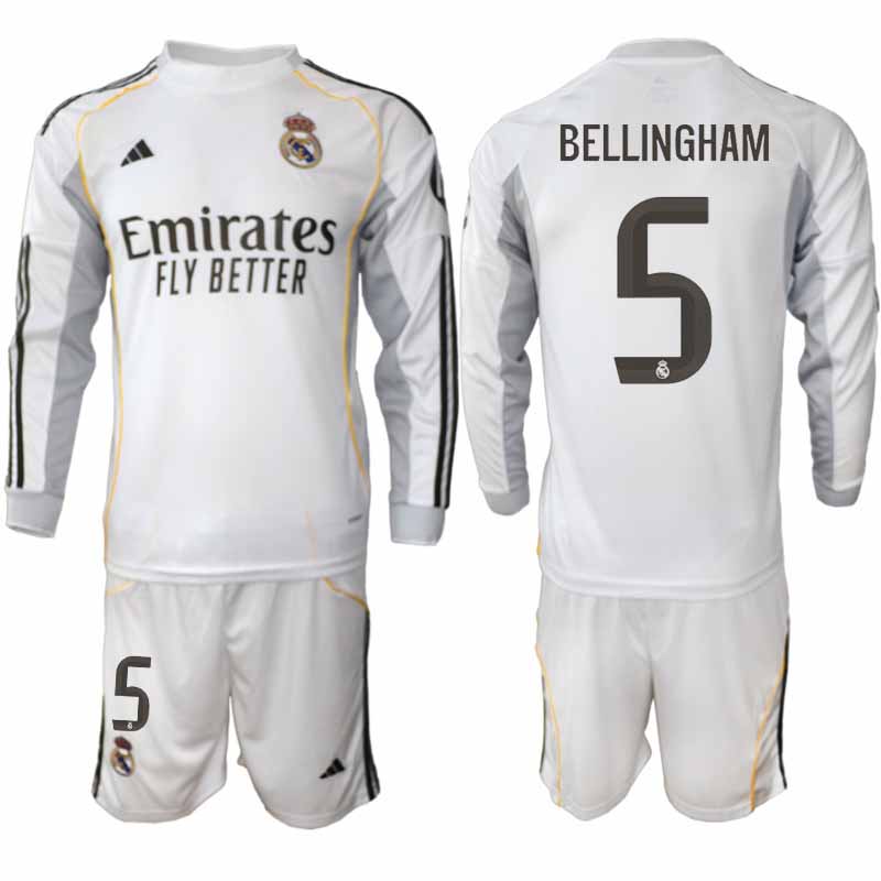 Voetbaloutfit Real Madrid 2025/26 Thuis heren Jude Bellingham #5 – Langemouw + Short 1 Voetbalset Real Madrid 2025/26 Thuis Heren Jude Bellingham #5 – Lange mouwen + Short