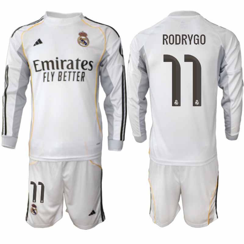 Futbalový komplet Real Madrid 2025/26 Domáci Pánsky Rodrygo #11 – Dlhý Rukáv + Šortky 1 Futbalový komplet Real Madrid 2025/26 Domáci Pánsky Rodrygo #11 – Dlhý Rukáv + Šortky