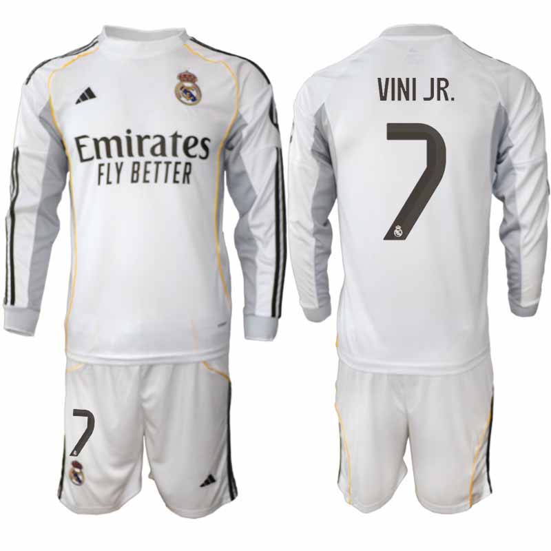 Futbalový komplet Real Madrid 2025/26 Domáci Pánsky Vinicius Junior #7 – Dlhý Rukáv + Šortky 1 Futbalový komplet Real Madrid 2025/26 Domáci Pánsky Vinicius Junior #7 – Dlhý Rukáv + Šortky