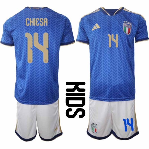 Fußballtrikots Italien WM 2026 Kinder Federico Chiesa #14 Heim-Set 1 Fußballtrikots Italien WM 2026 kind Federico Chiesa #14 Heimset