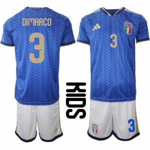 Fußballtrikots Italien WM 2026 Kinder Federico Dimarco #3 Heim-Set