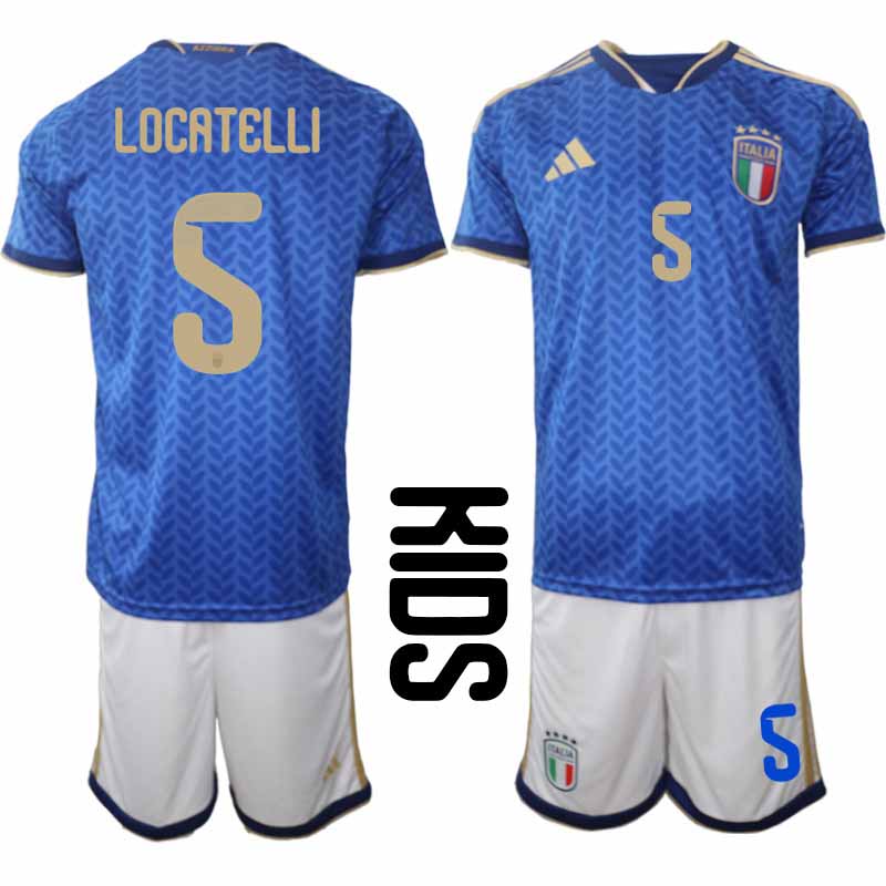 Voetbalshirts Italië WK 2026 jeugd Manuel Locatelli #5 thuis set 2 Futbalový dresy Taliansko MS 2026 detský Manuel Locatelli #5 domáci set - Afbeelding 2